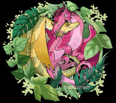 Jambu and Pineapple (Wings_of_Fire)
art by biohazardia
Keywords: wings_of_fire;jambu;pineapple;rainwing;dragon;male;feral;M/M;romance;non-adult;biohazardia