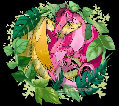Jambu and Pineapple (Wings_of_Fire)
art by biohazardia
Keywords: wings_of_fire;rainwing;pineapple;jambu;dragon;male;feral;M/M;romance;non-adult;biohazardia