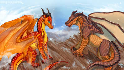Peril and Clay (Wings of Fire)
art by biohazardia
Keywords: wings_of_fire;dragon;dragoness;peril;clay;male;female;feral;non-adult;biohazardia