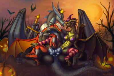 Halloween Fun (Wings_of_Fire)
art by bitemylip
Keywords: wings_of_fire;skywing;dragon;dragoness;male;female;feral;anthro;breasts;M/F;threeway;penis;hemipenis;reverse_cowgirl;vaginal_penetration;holiday;bitemylip