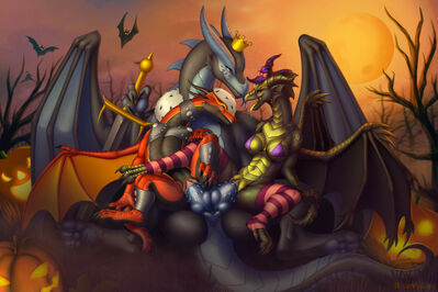 Halloween Fun (Wings_of_Fire)
art by bitemylip
Keywords: wings_of_fire;skywing;dragon;dragoness;male;female;feral;anthro;breasts;M/F;threeway;penis;hemipenis;reverse_cowgirl;vaginal_penetration;holiday;bitemylip