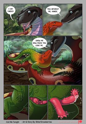Coil Me Tonight, page 4
art by bitterstrawberries
Keywords: comic;lizard;snake;python;male;female;feral;M/F;penis;hemipenis;suggestive;bitterstrawberries