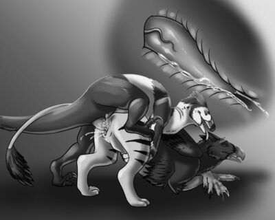 Gryphon and Raptor
art by bitterstrawberries
Keywords: dinosaur;theropod;raptor;gryphon;male;female;feral;M/F;penis;from_behind;vaginal_penetration;internal;ejaculation;spooge;bitterstrawberries