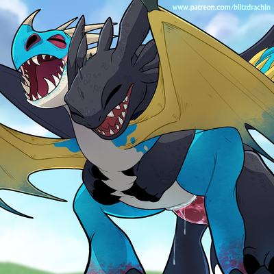 Toothless and Stormfly Mating
art by blitzdrachin
Keywords: how_to_train_your_dragon;httyd;dragon;dragoness;wyvern;night_fury;deadly_nadder;toothless;stormfly;male;female;anthro;M/F;penis;from_behind;vaginal_penetration;spooge;blitzdrachin