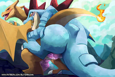 Feraligatr Mounts Charizard
art by blitzdrachin
Keywords: anime;pokemon;crocodilian;alligator;dragon;charizard;feraligatr;male;anthro;M/M;penis;from_behind;anal;spooge;blitzdrachin