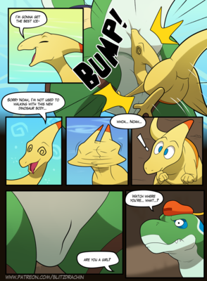 Project Geeker Comic 02
art by blitzdrachin
Keywords: comic;cartoon;project_geeker;dinosaur;tyrannosaurus_rex;trex;hadrosaur;parasaurolophus;noah;geeker;male;anthro;M/M;suggestive;blitzdrachin