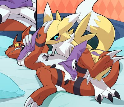 Guilmon and Renamon
art by blitzdrachin
Keywords: anime;digimon;dragon;furry;canine;fox;renamon;guilmon;male;female;anthro;M/F;suggestive;blitzdrachin