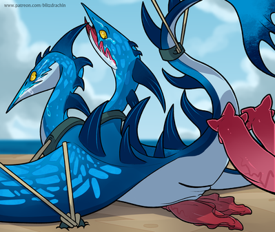 Seashocker
art by blitzdrachin
Keywords: how_to_train_your_dragon;httyd;dragon;hydra;seashocker;male;anthro;solo;penis;hemipenis;M/M;bondage;from_behind;suggestive;blitzdrachin