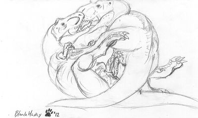 Tyrant Love
art by blondehusky
Keywords: dinosaur;theropod;tyrannosaurus_rex;trex;male;feral;M/M;penis;anal;missionary;spooge;blondehusky