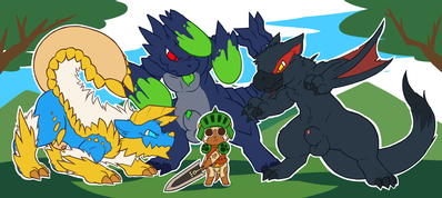 Failed Hunt
art by oob
Keywords: videogame;monster_hunter;dragon;wyvern;furry;feline;cat;brachydios;nargucuga;zinogre;felyne;male;anthro;M/M;penis;suggestive;oob