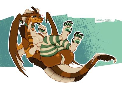 Sekhmet in Green (Wings_of_Fire)
art by bruh_reiji
Keywords: wings_of_fire;nightwing;sandwing;hybrid;dragoness;female;feral;solo;vagina;presenting;bruh_reiji