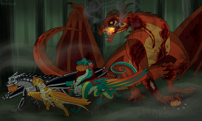 Halloween Contest (Wings_of_Fire)
art by burgermeisterbird
Keywords: wings_of_fire;nightwing;sandwing;rainwing;skywing;starflight;sunny;glory;queen_scarlet;dragon;dragoness;male;female;feral;solo;holiday;non-adult;burgermeisterbird