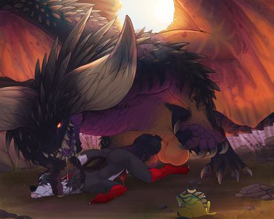 Quest Complete
art by caffeinatedcreep
Keywords: videogame;monster_hunter;dragon;nergigante;furry;canine;male;feral;anthro;M/M;penis;from_behind;anal;spooge;caffeinatedcreep