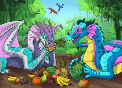 Sharing a Meal (Wings_of_Fire)
art by call_me_guaca
Keywords: wings_of_fire;rainwing;dragon;feral;solo;non-adult;call_me_guaca