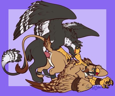 Kalenai and Bhaskara
art by candy.yeen
Keywords: gryphon;male;female;feral;M/F;bondage;penis;from_behind;vaginal_penetration;candy.yeen