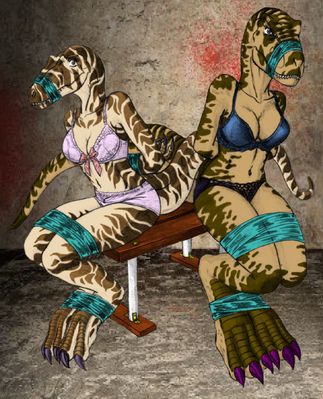 Captured Predators
art by predaguy
Keywords: dinosaur;theropod;raptor;female;anthro;breasts;solo;bondage;suggestive;predaguy