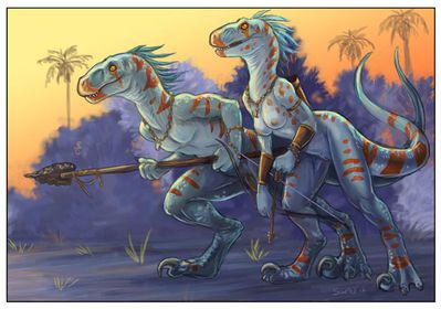 Raptor Hunters
art by caribou
Keywords: dinosaur;theropod;raptor;male;female;feral;anthro;breasts;M/F;suggestive;caribou