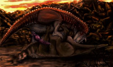 Predator and Prey (Disney Dinosaur)
art by carminecat
Keywords: disney_dinosaur;dinosaur;theropod;carnotaurus;hadrosaur;iguanodon;bruton;male;feral;M/M;penis;oral;69;spooge;carminecat