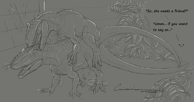 Indominus rex Mating
art by carnosaurian
Keywords: jurassic_world;dinosaur;theropod;indominus_rex;male;female;feral;M/F;penis;cloacal_penetration;from_behind;spooge;carnosaurian