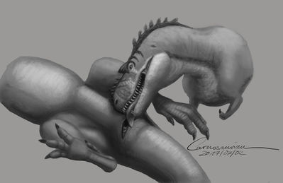 Tenderness of an Albertosaurus' Tongue
art by carnosaurian
Keywords: dinosaur;theropod;albertosaurus;male;female;feral;M/F;cloaca;oral;closeup;spooge;carnosaurian