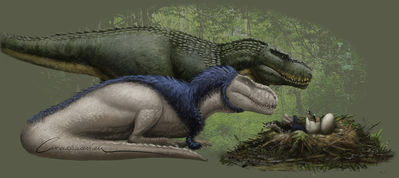 Vastatosaurus Family
art by carnosaurian
Keywords: dinosaur;theropod;vastatosaurus_rex;male;female;feral;egg;hatchling;non-adult;carnosaurian