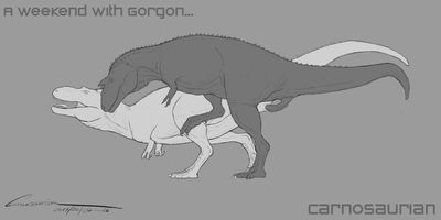 A Weekend With Gorgon 4
art by carnosaurian
Keywords: dinosaur;theropod;tyrannosaurus_rex;trex;gorgosaurus;male;female;feral;M/F;penis;from_behind;cloacal_penetration;carnosaurian