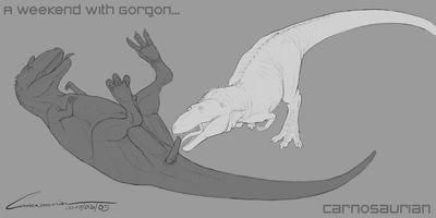 A Weekend With Gorgon 6
art by carnosaurian
Keywords: dinosaur;theropod;tyrannosaurus_rex;trex;gorgosaurus;male;female;feral;M/F;penis;oral;carnosaurian