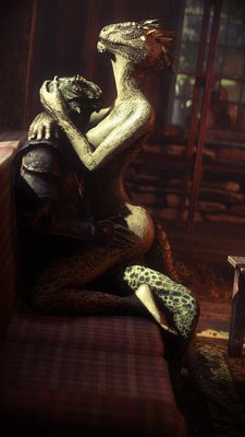 Argonians Making Love
art by carpethop
Keywords: videogame;skyrim;argonian;male;female;anthro;breasts;M/F;cowgirl;cgi;carpethop