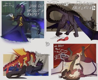 Dragons of the Night (Wings_of_Fire)
art by celery_kin
Keywords: wings_of_fire;sandwing;nightwing;skywing;dragon;dragoness;male;female;feral;M/F;solo;penis;vagina;missionary;dildo;suggestive;masturbation;spooge;celery_kin