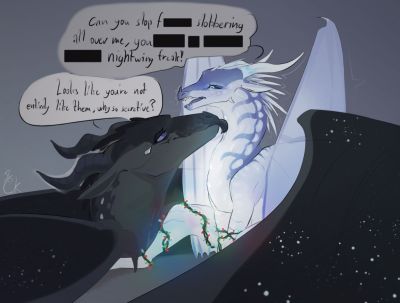 Christmas Spirit (Wings_of_Fire)
art by celery_kin
Keywords: wings_of_fire;nightwing;icewing;hybrid;darkstalker;dragon;male;feral;M/M;suggestive;holiday;celery_kin