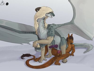 Ash and Conch 2 (Wings_of_Fire)
art by celery_kin
Keywords: wings_of_fire;sandwing;icewing;hybrid;dragon;male;feral;M/M;penis;reverse_cowgirl;anal;spooge;celery_kin