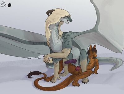 Ash and Conch 1 (Wings_of_Fire)
art by celery_kin
Keywords: wings_of_fire;sandwing;icewing;hybrid;dragon;male;feral;M/M;penis;reverse_cowgirl;anal;celery_kin