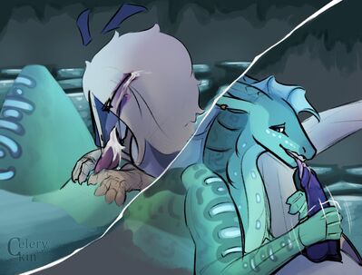 Ash and Fin (Wings_of_Fire)
art by celery_kin
Keywords: wings_of_fire;sandwing;icewing;seawing;hybrid;dragon;male;feral;M/M;penis;masturbation;oral;spooge;celery_kin