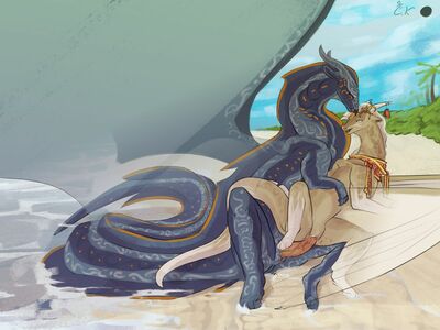 Ghost and Fyr 1 (Wings_of_Fire)
art by celery_kin
Keywords: wings_of_fire;sandwing;seawing;icewing;hybrid;dragon;dragoness;male;female;feral;M/F;penis;spoons;vaginal_penetration;beach;celery_kin