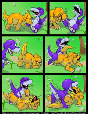 Chomper's Day 5
art by chacomics
Keywords: comic;cartoon;land_before_time;lbt;dinosaur;theropod;tyrannosaurus_rex;trex;chomper;male;female;anthro;M/F;penis;from_behind;chacomics