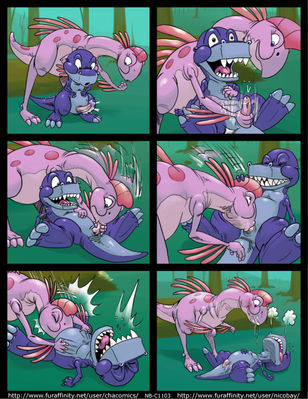 Chomper's Day 4
art by chacomics
Keywords: comic;cartoon;land_before_time;lbt;dinosaur;theropod;tyrannosaurus_rex;trex;chomper;male;female;anthro;M/F;penis;from_behind;chacomics