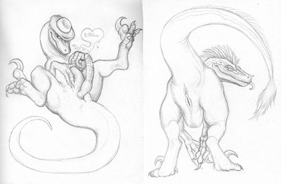 Alan and Ellie as Raptors
art by chewtoy
Keywords: beast;jurassic_park;dinosaur;theropod;raptor;male;female;feral;ellie;alan;transformation;solo;penis;vagina;chewtoy
