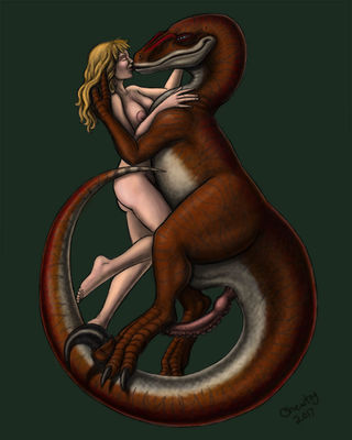 Dino Kiss
art by chewtoy
Keywords: beast;jurassic_park;dinosaur;theropod;raptor;deinonychus;male;feral;human;woman;female;ellie;alan;transformation;M/F;penis;suggestive;chewtoy