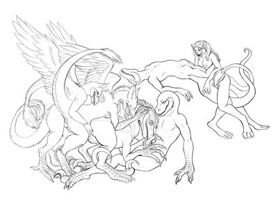 Jurassic Orgy
art by chewtoy
Keywords: jurassic_park;jurassic_world;dinosaur;theropod;raptor;deinonychus;gryphon;taur;furry;feline;male;female;feral;anthro;breasts;M/F;orgy;penis;from_behind;cowgirl;oral;vaginal_penetration;chewtoy