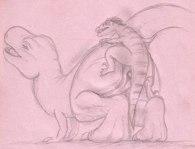 TRex Mating With A Raptor
art by chibibass
Keywords: dinosaur;theropod;tyrannosaurus_rex;trex;raptor;deinonychus;male;female;feral;M/F;penis;from_behind;vaginal_penetration;chibibass
