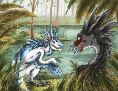 Austraraptor Encounter
art by chickenzaur
Keywords: dinosaur;theropod;raptor;austraraptor;male;female;feral;M/F;non-adult;chickenzaur