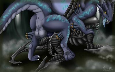 Dragon Having Sex With A Xenomorph
art by chikiota
Keywords: alien;xenomorph;dragon;anthro;male;M/M;penis;from_behind;anal;spooge;chikiota