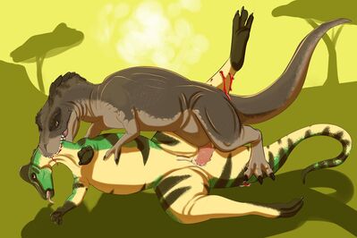 Tyrannosaur and Hypacrosaurus
art by chillyphillix
Keywords: dinosaur;theropod;tyrannosaurus_rex;trex;hadrosaur;hypacrosaurus;male;female;feral;M/F;penis;vagina;missionary;anal;spooge;necro;vore;chillyphillix
