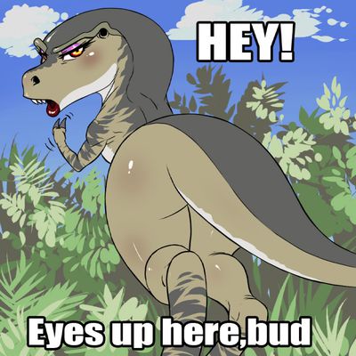 Eyes Up Here
art by chochi
Keywords: dinosaur;theropod;tyrannosaurus_rex;trex;female;anthro;solo;humor;chochi