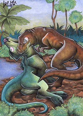 Happy Predator
art by chocolatechilla
Keywords: dinosaur;theropod;tyrannosaurus_rex;trex;hadrosaur;corythosaurus;male;female;anthro;M/F;penis;vagina;suggestive;necro;chocolatechilla