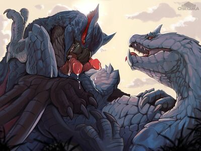 Hungry Eyes
art by chromamancer
Keywords: videogame;monster_hunter;dragon;wyvern;tobi-kadachi;nargacuga;male;feral;M/M;penis;hemipenis;oral;spooge;chromamancer