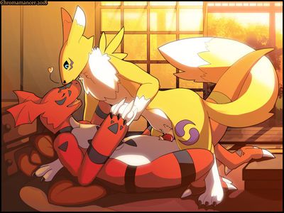 Renamon x Guilmon
art by chromamancer
Keywords: anime;digimon;dragon;furry;canine;fox;renamon;guilmon;male;anthro;M/M;penis;missionary;docking;cloaca;chromamancer