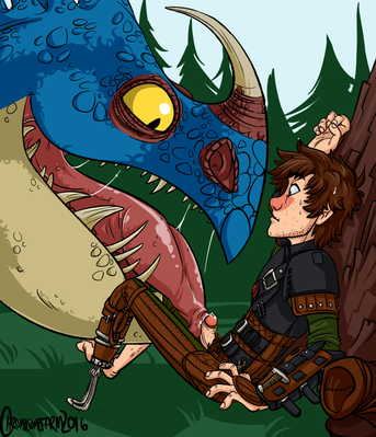 Hiccup and Deadly Nadder
art by chromosomefarm
Keywords: beast;how_to_train_your_dragon;deadly_nadder;dragon;wyvern;feral;human;hiccup;man;male;M/M;penis;spooge;oral;chromosomefarm