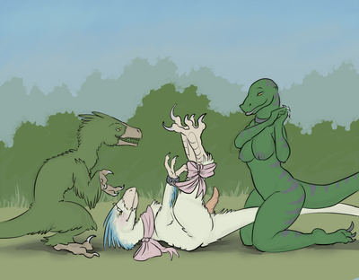 Gift To Kirisha
art by tryst_entangled
Keywords: dinosaur;theropod;raptor;male;female;feral;anthro;breasts;M/F;bondage;penis;humor;tryst_entangled