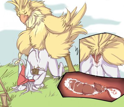 Chocobos Mating
art by classified-crud
Keywords: videogame;final_fantasy;avian;bird;chocobo;male;feral;furry;rodent;rat;freya;female;anthro;breasts;M/F;penis;from_behind;vaginal_penetration;closeup;internal;spooge;classified-crud